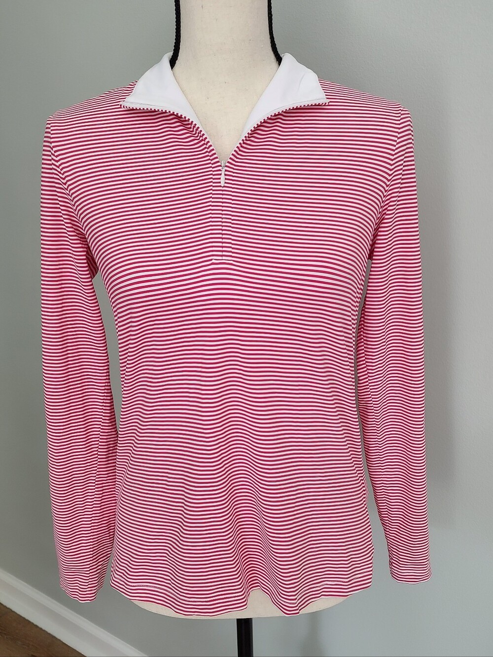 J. McLaughlin Catalina Cloth 1/4 Zip Red And White Stripe Golf Tennis Prep Top S
